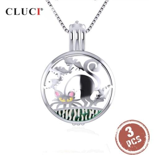 CLUCI 3pcs Halloween Silver Pendant for Women Jewelry Round Cut Cat Shaped 925 Sterling Silver Pendant Pearl Locket SC324SB