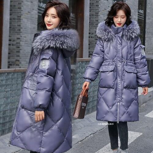 Women Winter 2021 New Big Real Raccoon Fur Collar Jacket Female Long White Duck Down Hooded Parkas Ladies Thick Warm Overcoats