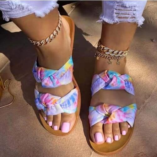 2021 Women Print Knot Slippers Female Colorful Fashion Summer Slides Ladies Casual Flat Womens Beach Leisure Shoes Plus Size