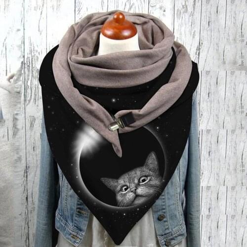 Cute Cat Prints Womens Scarf Fashion Universal Autumn Winter Keep Warm Button Wraps Windproof Double-Layer Buckle Scarf