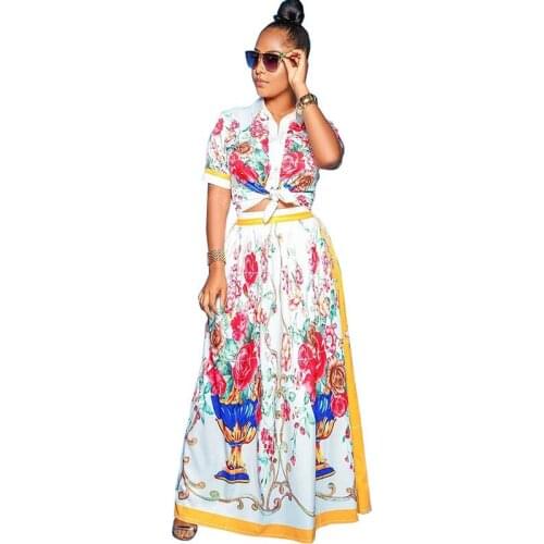 Women Elegant Two Piece Maxi Dresses Short Sleeve Button Up Shirt Top Pattern Floral Print Nightclub Long Prom Dress Vestidos