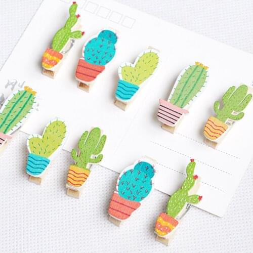 10pcs/lot Kawaii Cactus Wooden Photo Clip With Rope Paper Postcard Memo Clips Craft Decoration Clip For Party