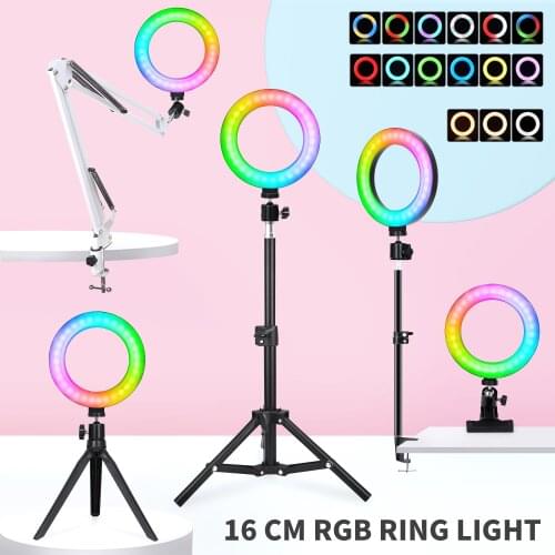 16cmSelfie Rainbow RingLight Photography LED Rim Of Ring Lamp With Mobile Stand Round Ringlight Tripod For Phone Smartphone Live