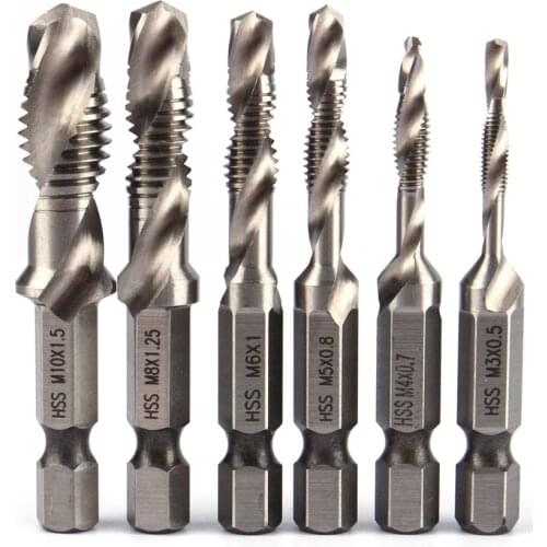 6Pcs/Set M3/M4/M5/M6/M8/M10 1/4" Hex Shank Metric Screw Thread Tap Taper Twist Drill Bit High Speed Steel HSS Drilling Bits Set