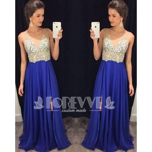 Noble Double V-NeckRoyal Blue Prom Dress Long 2019 Side Slit Crystal Formal Prom Dresses Gowns Vestidos De Fiesta Abendkleider