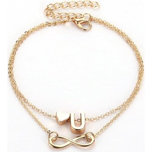 Simple Fashion Double Layer Chain Golden Figure Eight Heart Shape Initial Letter A-Z Alphabet Alloy Anklets For Women