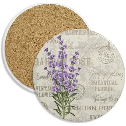 Purple Lavender Flower Plant Ceramic Coaster Cup Mug Holder Absorbent Stone for Drinks 2pcs Gift