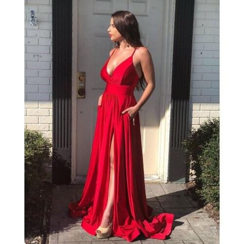 2021 Long Satin Red Prom dress V Neck Backless Sleeveless Formal Evening Dress obe De Soiree