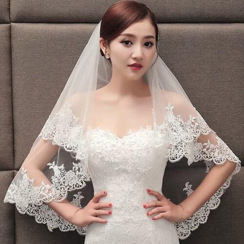 2021 Simple Tulle Wedding Veil 2 Tier Women Bridal Lace Edge Short Veils Party Accessories