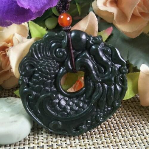 Natural Hetian Qing yu Dragon Fish Jade Pendant Jewelery Lucky Exorcise evil spirits Auspicious Amulet Fine Jewelery