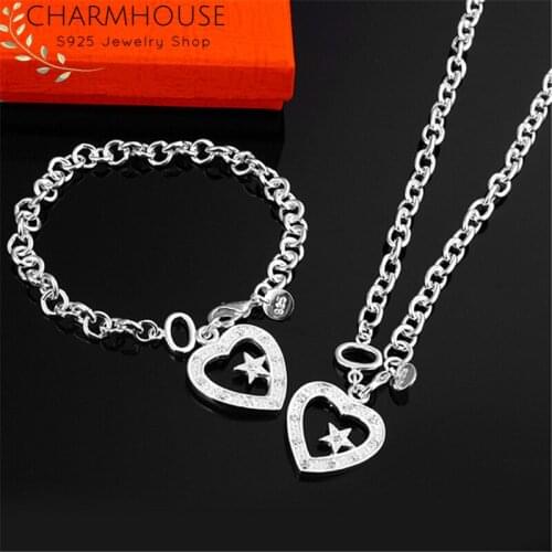 Charmhouse Silver 925 Jewelry Sets For Women Heart Star Charm Bracelet Necklace 2 pcs Set Wedding Costume Jewelery Accessories