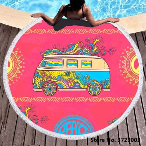 Car Printed Round Beach Towels Summer Geometric Thick Bath Shower Towel 150cm Circle Beach Swim Cover Up Serviette De Plage
