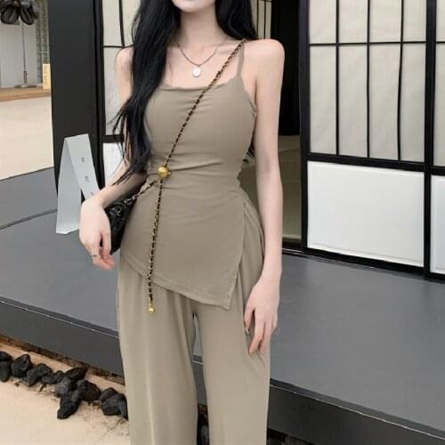 Fashion Solid Womens Matching Set Summer Irregular Spaghetti Strap Camisole and Elastic High Waist Wide Leg Pants Long Pants