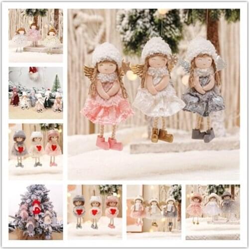 New Year 2022 Christmas Pink Gold White Angel Girl Plush Dolls XmasTree Ornament Pendant Party Christmas Decorations for Home