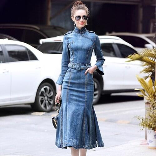 Bodycon Denim Dress Women Autumn Wrist Flare Sleeve Midi Spriing Jeans Dress Ladies Elegant Formal Dress