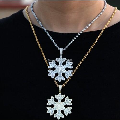 Free Rope Chain Iced Snowflake Baguette Snow Flower Pendant Necklace for the Snow Queen