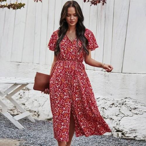 Summer Dress Women 2021 Sexy V Neck Button Vintage Floral Printed Bohemian Maxi Dresses Woman Casual Beach Holiday Dress Vestido