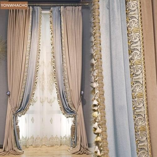 Custom curtains ash purple modern luxury European dirty pink thick velvet embroidery cloth blackout curtain tulle panel C078