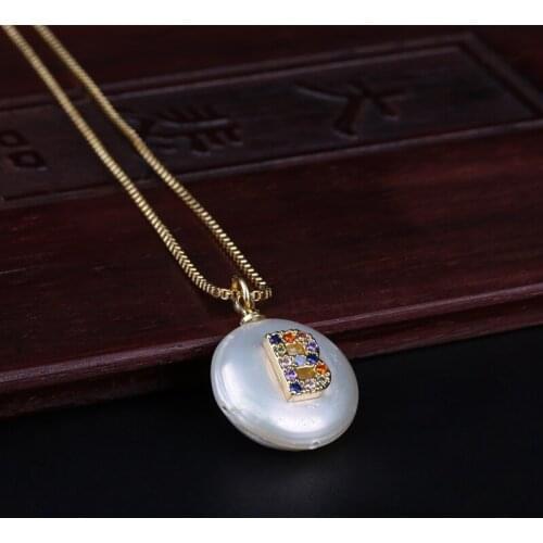 Rainbow Colors CZ Cubic Zirconia B Initials Letter Natural Coin Freshwater Pearl Pendant Gold Necklaces For Women Jewelry Girls