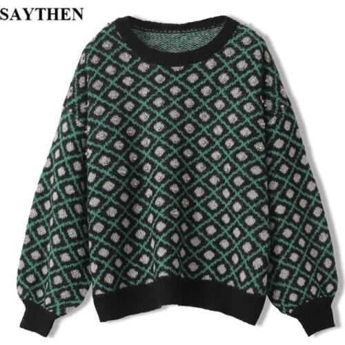 Saythen Large Size Sweater Jacquard Beaded Mohair Pullover High Quality Loose Round Neck Knit Sweater Women