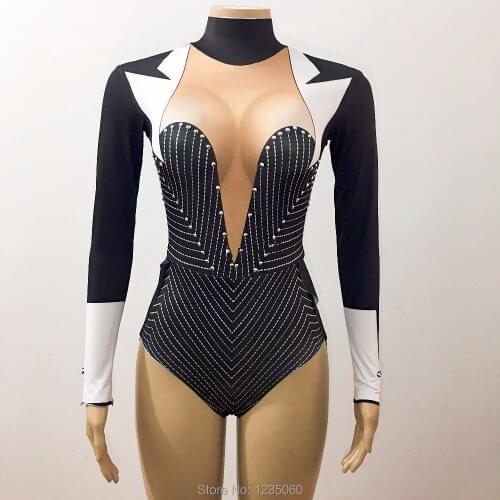Sexy Black Stage Bodysuit Teacher Tuxedo Costume Bling Rhinestones Leotard Outfit Party Celebrate Wear Singer Performance