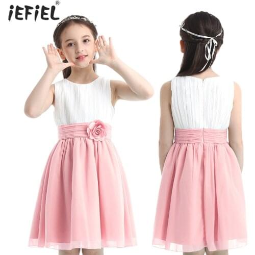 Wedding Bridesmaid Flower Girl Dress Cute Sleeveless Pleated Kids Dress Sleeveless Spliced Flower Party Elegant Kids Dress