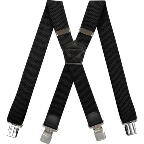 Heavy Duty Work Suspenders for Men 3.8cm Wide X-Back with 4 Gripper Clasps Adjustable Elastic Trouser Pants Braces Black