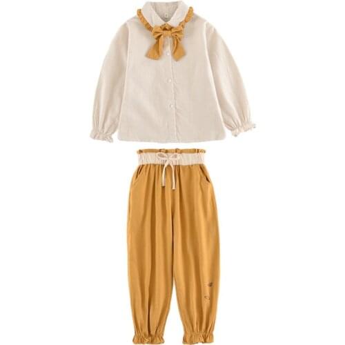 Girls spring new shirt and pants two-piece Girl spring new fashion suit Girl bow decoration western style suit Girl fresh suit