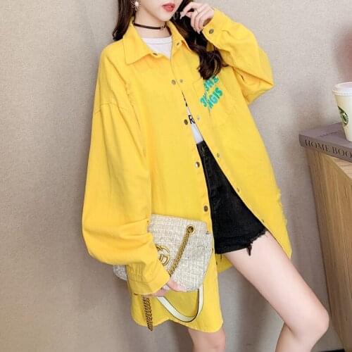 Broken Hole Printed Denim Shirt Jacket 2021 Spring Autumn New Womens New Denim Jacket Women Loose Casual Plus Size Jeans Coat