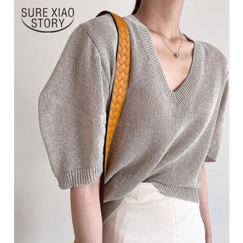 Korean Loose Lantern Short Sleeve V-neck Linen Knitted Shirt 2021 Plus Size White Tee Woman Tops Casual Tops Blusas Women 15750