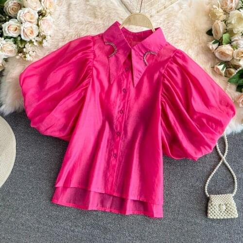 Asymmetrical Chiffon Women Shirts Summer New Design 2021 Turn-Down Collar Puff Sleeved Solid Elegant Female Outwear Tops
