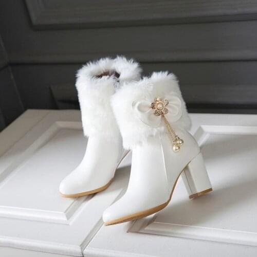 Big Size 9 10 11-19 boots women shoes ankle boots for women ladies boots Hair bow water diamond pearl pendant