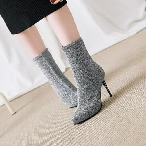 Womens Boots winter new style fashion Stretch Fabric Pointed Fine heel High heel Short tube Womens shoe plus size 34-43