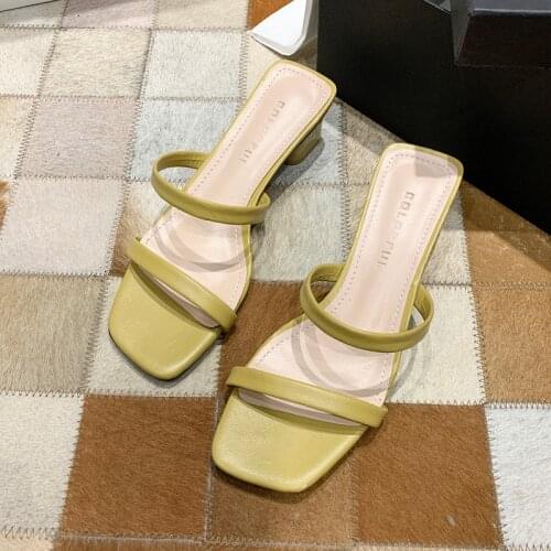 2021 Square Heel Slip on Shoes for Women Slippers High Heel Pumps New Summer Beach Ladies Slides Bohemian Women Dress Shoes