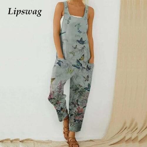 VIntage Printed Jumpsuit Summer Women Casual Fashion Pocket Loose Overalls 2021 Sexy Off Shoulder Autumn Long Romper Playsuits