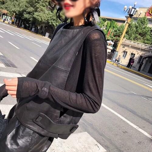 Women Genuine Waistcoat Sheepskin Loose Fit Pullover Sleeveless Jacket Lady Autumn Short Leather Vest Streetwear Tops