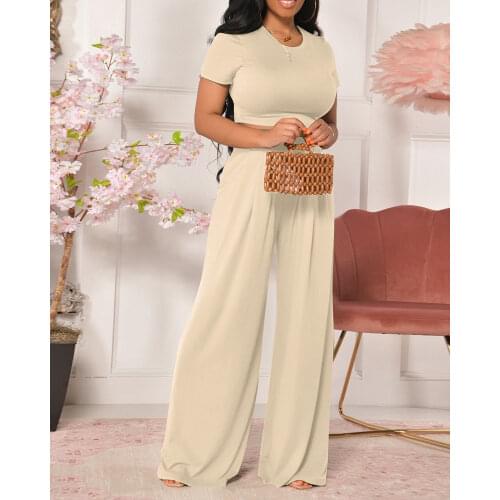 Summer Womens Plain Crop Top Overalls Suit Set 2021 Femme Elegant Solid Short Sleeve Tee & Wide Leg Pants Set Ladies Outfit y2k