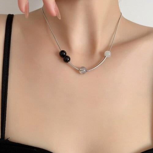 GSOLD Creative Chic Stone Bead Short Choker Necklace Geometric Silver Color Metal Clavicle Chain Women Trendy Jewelry 2021 New
