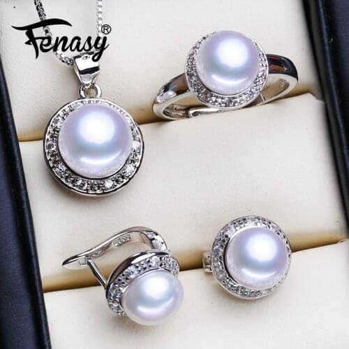 FENASY 925 Sterling Silver Pendant Necklace Natural Pearl Jewelry Sets For Women Classic Stud Earrings Fashion Party Rings