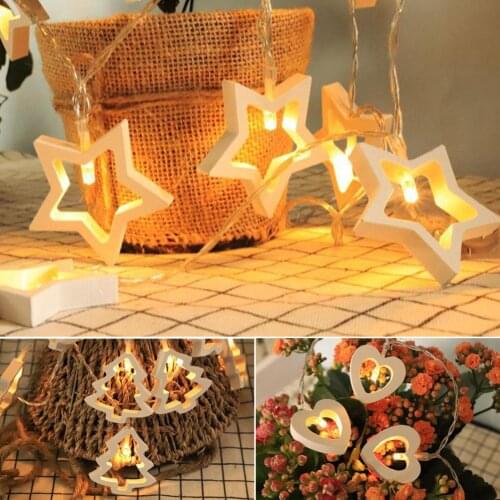 10/20LEDs Wooden Star/Heart/Xmas Tree Flexible Fairy String Lights Bedroom Decor