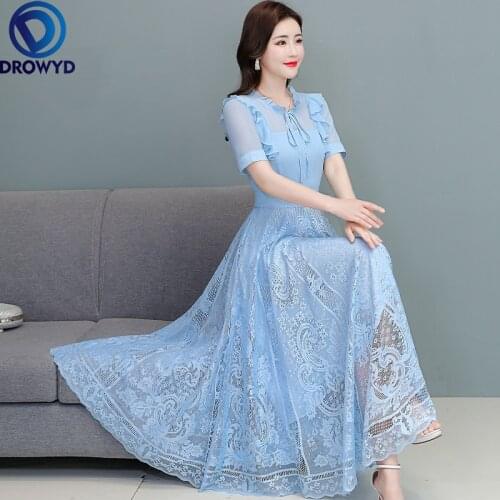 2021 Summer Women Long Dresses Fashion Casual Short Sleeve Ruffles Lace Dress Elegant Slim Beach Bohemian Dresses Party Vestidos