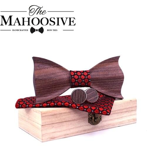 Paisley 3D Walnut Wooden Wood Bow Tie Handkerchief Cufflink Brooch Set For Mens Wedding Novelty Accessory men Ties and Box