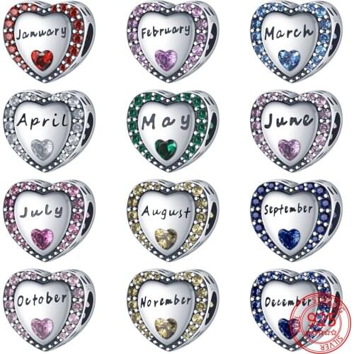 New 925 Sterling Silver Fine Month Multicolor Heart-Shaped Zircon Bead DIY Charm Fit Pandora Bracelet for Women Jewelry Gift
