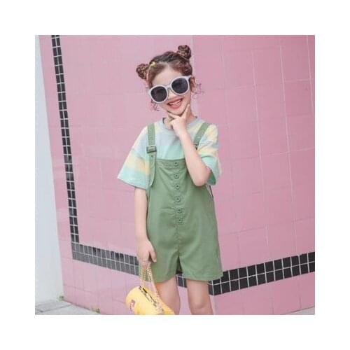 Childrens Clothing Baby Girl Striped Short Sleeve T Shirt Big Girl Casual Overalls Shorts for Girls Childrens Casual 2pcs Sets