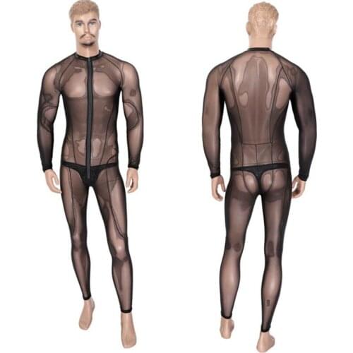 Men See Through Mesh Lingerie Skinny Full Body Bodysuit Long Sleeves Leotard Jumpsuit Muscle Fetish Wear