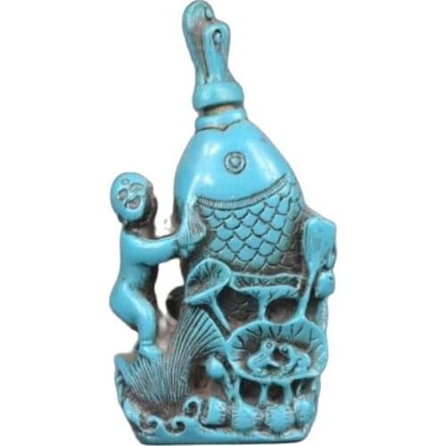 Chinas handmade old exquisite decorations turquoise snuff bottle-child fish