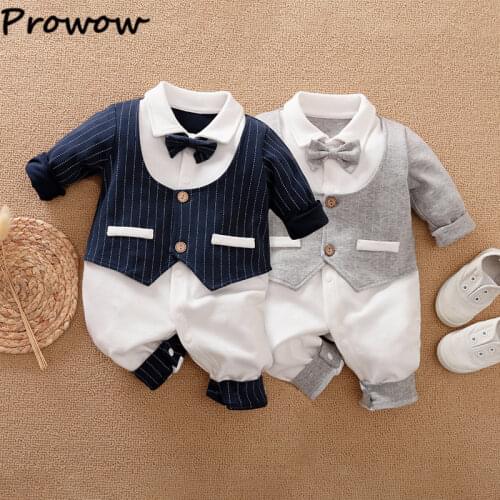 Prowow Newborn Baby Boy Clothes Fake 2pcs Gentleman Babys Rompers With Necktie Newborn Jumpsuit For Kids Baby Boy Overalls