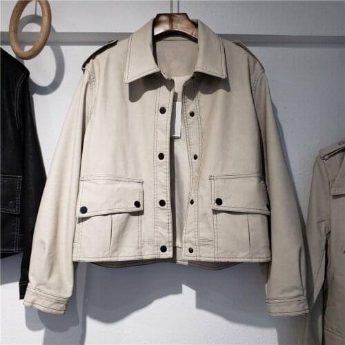 Beige Black Coffee Color Faux Leather Jacket Women Short Coat Autumn Korean Slim Long Sleeve Single-breasted Moto Biker Jackets