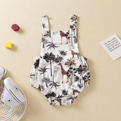 Fashion Summer New Baby Girls Boys Palm Tree Print Romper Toddler Sleeveless Backless Square Collar Short Jumpsuit Beachwear