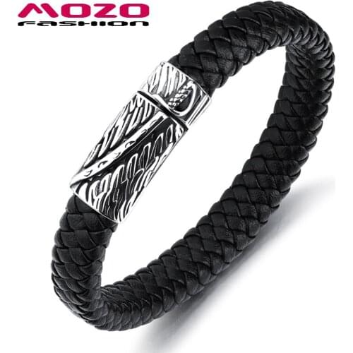 MOZO FASHION HOT Men Jewelry Black Leather Bracelet Stainless Steel Punk Sword Charm Magnet buckle High Quality Bracelet PS2079